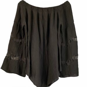 Relativity Black Off-The-Shoulder Bell Sleeve Flowy Boho Top With Lace Details
